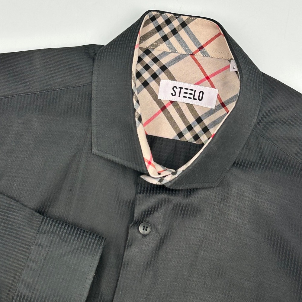 Steelo Button Down Shirt Black Mens Large Lg L Textured Plaid Trim EUC